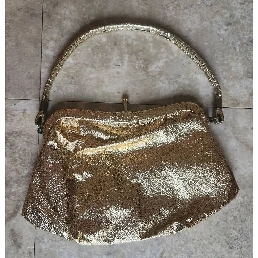 Vintage Gold special occasion shoulder bag w metal kiss clasp and satin lining